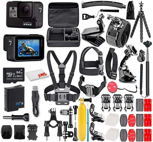 GoPro HERO7 Black - E-Commerce Packaging - Waterproof Action Camera with Touch Screen, 4K HD Video, 12MP Photos, Live Streaming and Stabilization - with 50 Piece Accessory Kit - Fully Loaded Bundle