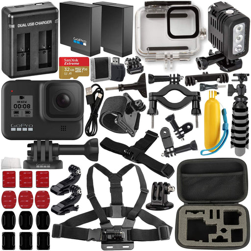 GoPro HERO8 Black with Deluxe Accessory Bundle – Includes: SanDisk Extreme 32GB microSDHC Memory Card, Spare Battery, Dual Battery Charger, Underwater Housing, LED Light & Much More