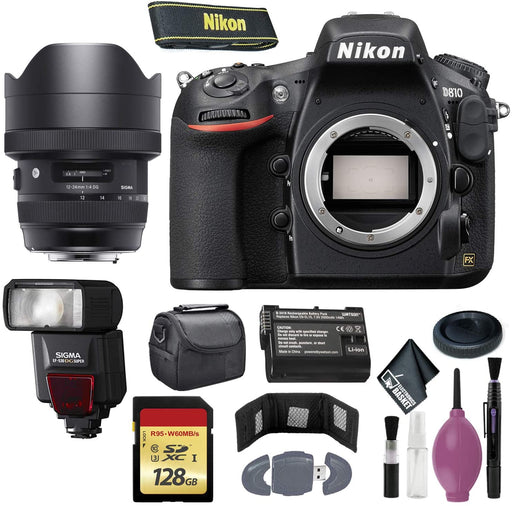 Nikon D810 DSLR Camera (Body Only) (International Model) - 128GB - Case - EN-EL15 Battery - EF530 ST & 12-24mm f/4 DG HSM Art Lens