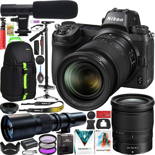 Nikon Z6 Full Frame Mirrorless Camera Body Filmmaker's Bundle with 24-70mm F4 Lens Kit + Deco Photo 500mm F8 Telephoto Lens + Vivitar ST-6000 Stabilizer Tripod + Microphone + Backpack and Accessories