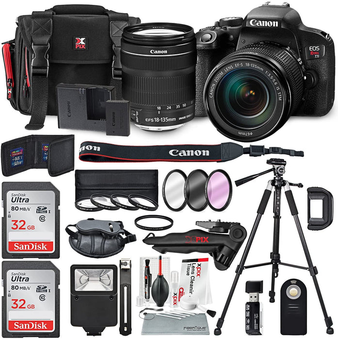 Canon EOS Rebel T7i DSLR Camera W/EF-S 18-135mm f/3.5-5.6 is STM Lens & 2 X Professional 32GB, Filters, Tripods, Quick Release Shoulder Strap, Flash, Remote, SD Reader/Writer, Xpix Lens Accessories