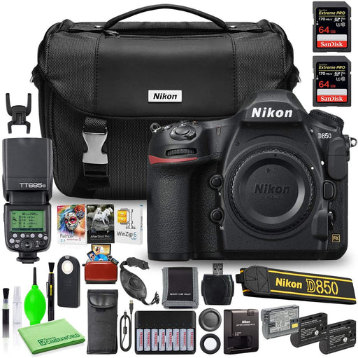 Nikon D850 DSLR Digital Camera Body Only (1585) USA Model Bundle with (2) SanDisk 64GB Extreme PRO SD Cards + Godox TT685N TTL Flash + Editing Software + (2) Extra Batteries + Nikon Camera Bag + More