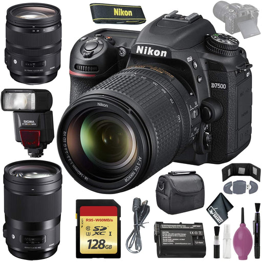 Nikon D7500 DSLR Camera w/ 18-140mm Lens (International Model) - 128GB - Case - EN-EL15 Battery - Sigma EF530 ST - 40mm f/1.4 DG HSM Art Lens F - 24-70mm f 2.8 DG OS HSM Art Lens EF