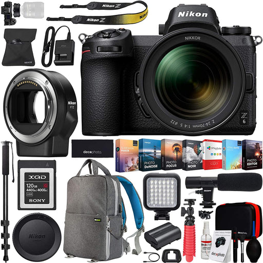 Nikon Z6 Mirrorless FX-Format Full-Frame 4K Ultra HD Camera Body (1598) with NIKKOR Z 24-70mm f/4 S Lens Kit and FTZ Mount Adapter for F-Mount + 120GB Memory Card Deco Gear Backpack Microphone Bundle