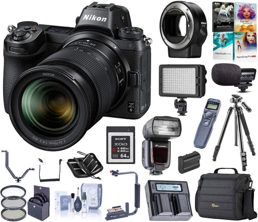 Nikon Z6 FX-Format Mirrorless Camera w/NIKKOR Z 24-70mm f/4 S Lens Bundle with Mount Adapter FTZ, Bag, Intervalometer, 64GB XQD Card, Flash, Mic, LED Light, Dual Charger, Tripod, Battery + More