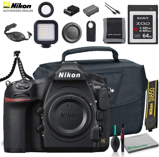 Nikon D850 DSLR Camera (Body Only) (1585) USA Model + Camera Bag + Sony 64GB XQD G Series Memory Card + Wireless Remote Shutter Release + Hand Strap + Portable LED Video Light + More