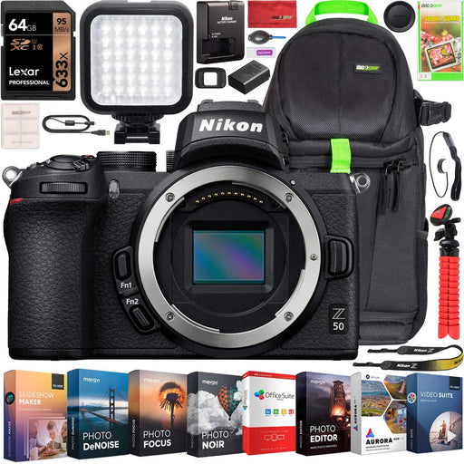 Nikon Z50 Mirrorless Camera Body 4K UHD DX-Format Bundle with Deco Gear Professional Photography Backpack Travel Case + Photo Video LED + Compact Tripod + 64GB Memory Card + Software & Accessories
