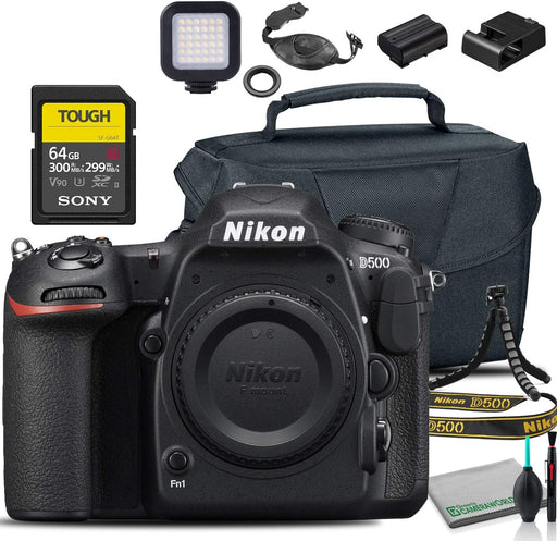 Nikon D500 DSLR Camera (Body Only) (1559) USA Model + Sony 64GB Tough SD Card + Camera Bag + Hand Strap + Portable LED Video Light + Memory Card Wallet + 12 Inch Flexible Tripod + More