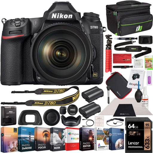 Nikon D780 Full Frame 4K FX DSLR Camera + 24-120mm VR Lens Kit Bundle with Photo and Video Professional Editing Software Suite, Deco Gear Camera Bag, 2X Rechargeable Battery, 64GB Card & Accessories