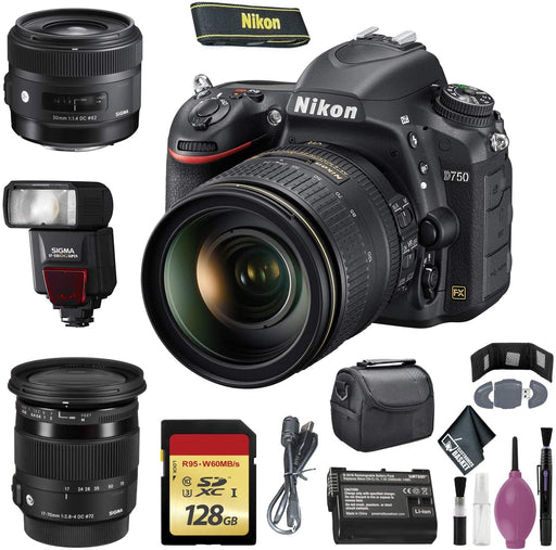 NIKON D750 Digital Camera 24-120mm F/4 VR Lens (International Model) - 128GB - Case - EN-EL15 Battery - Sigma EF530 ST - 30mm f/1.4 DC HSM Art Lens - 17-70mm f/2.8-4 DC Macro OS HSM Lens