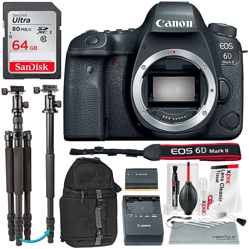 Canon EOS 6D Mark II DSLR Wi-Fi Enabled Camera (Body) Bundle with DSLR Backpack + Tripod Monopod Stand + 64 GB + Xpix Cleaning Kit
