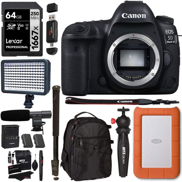 Canon EOS 5D Mark IV Full Frame Digital SLR Camera Body, Canon BG-E20 Grip, Sandisk Extreme 64GB U3 Card, Polaroid LED Video Light, Microphone, 72-inch Monopod