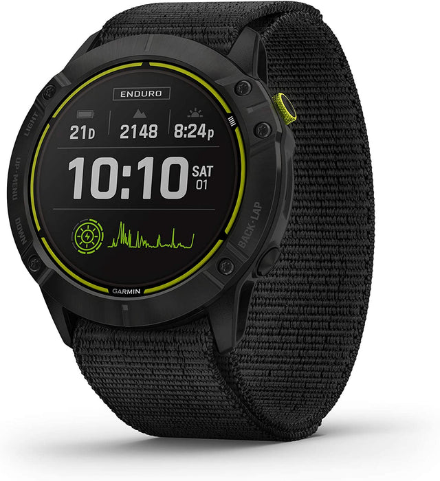 Garmin Enduro, Ultraperformance Multisport GPS Watch, Solar Charging, Battery Life Up to 80 Hours in GPS Mode, Carbon Gray DLC Titanium with Black UltraFit Nylon Band