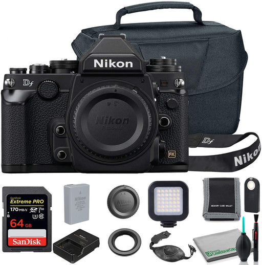 Nikon Df DSLR Camera (Body Only, Black) (1525) USA Model + Camera Bag + SanDisk 64GB Extreme PRO Memory Card + Wireless Remote Shutter Release + Hand Strap + Portable LED Video Light + More
