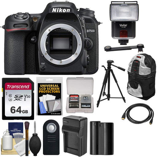 Nikon D7500 Wi-Fi 4K Digital SLR Camera Body with 64GB Card + Battery & Charger + Backpack + Tripod + Flash + Diffuser + Remote + Kit