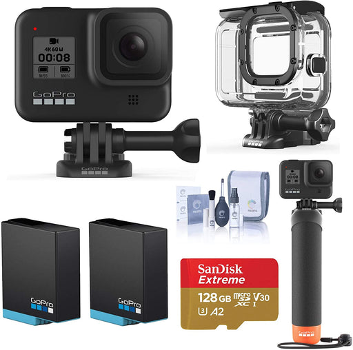 GoPro HERO8 Black, Waterproof Action Camera with Touch Screen 4K UHD Video 12MP Photos, Water Adventure Bundle with Dive/Protective Case, Hand Grip, 2 Battery, 128B microSD Card, Cleaning Kit