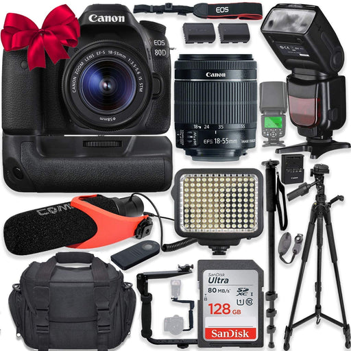 Canon EOS 80D DSLR Camera w/Canon 18-55mm STM Lens Kit + Pro Photo & Video Accessories Including 128GB Memory, Speedlight TTL Flash, Battery Grip, LED Light, Condenser Micorphone