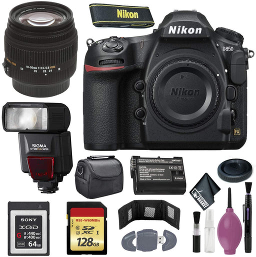 Nikon D850 DSLR Camera (Body Only) International Model - 128GB - Case - EN-EL15 Battery - Sony 64GB XQD G Series Memory Card - EF530 ST & 18-50 F3.5-5.6