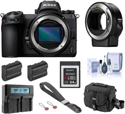 Nikon Z6 FX-Format Mirrorless Digital Camera Body, Complete Bundle with FTZ Mount Adapter, 64GB XQD Card, 2 Extra Battery, Dual Charger and Accessories