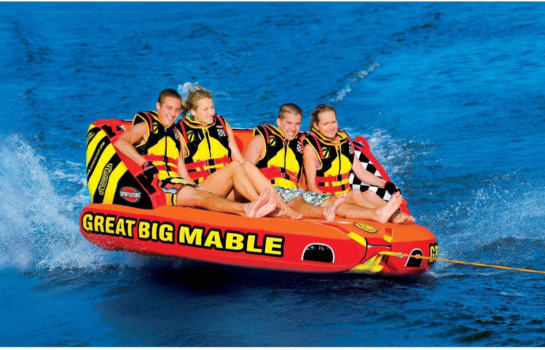 SPORTSSTUFF 53-2218 Great Big Mable 4-Person Towable Boat and Lake Tube Inflatable with 60 Foot Tow Rope, Heavy-Duty Full Nylon Cover, & Grab Handles