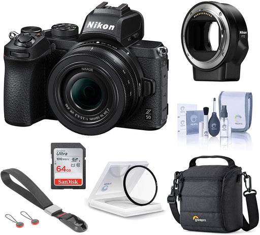 Nikon Z 50 DX-Format Mirrorless Camera with 16-50mm f/3.5-6.3 VR Lens, Essential Bundle with FTZ Mount Adapter, Wrist Strap and Accessories