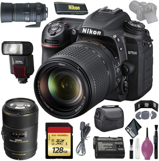 Nikon D7500 DSLR Camera w/ 18-140mm Lens (International Model) - 128GB - Case - EN-EL15 Battery - Sigma EF530 ST - AF135-400 F4.5-5.6 DG APO Lens Mount - 105mm f/2.8 EX DG OS HSM Macro Lens