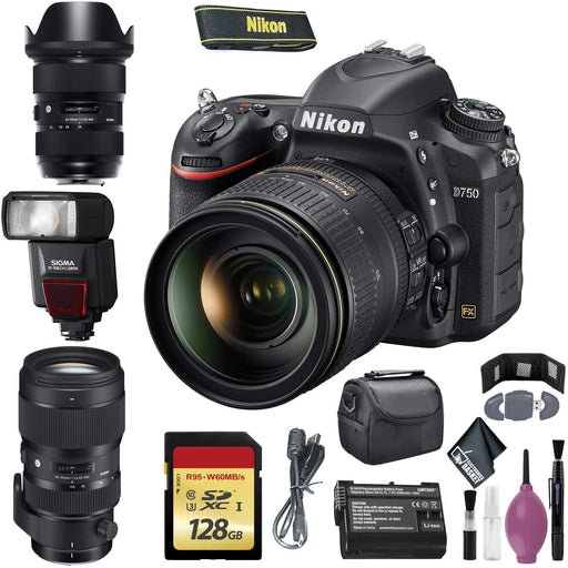 NIKON D750 Digital Camera 24-120mm F/4 VR Lens (International Model) - 128GB - Case - EN-EL15 Battery - Sigma EF530 ST - 50-100mm f/1.8 DC HSM Art Lens F - 24-35mm f/2 DG HSM Art Lens F