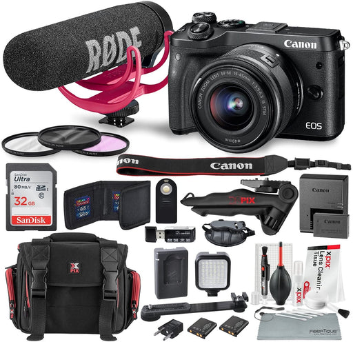 Canon EOS M6 Mirrorless Digital Camera with 15-45mm Lens Video Creator Kit and Bundle w/Xpix Pro Tripod, Case, Strap, Cleaning Kit + More