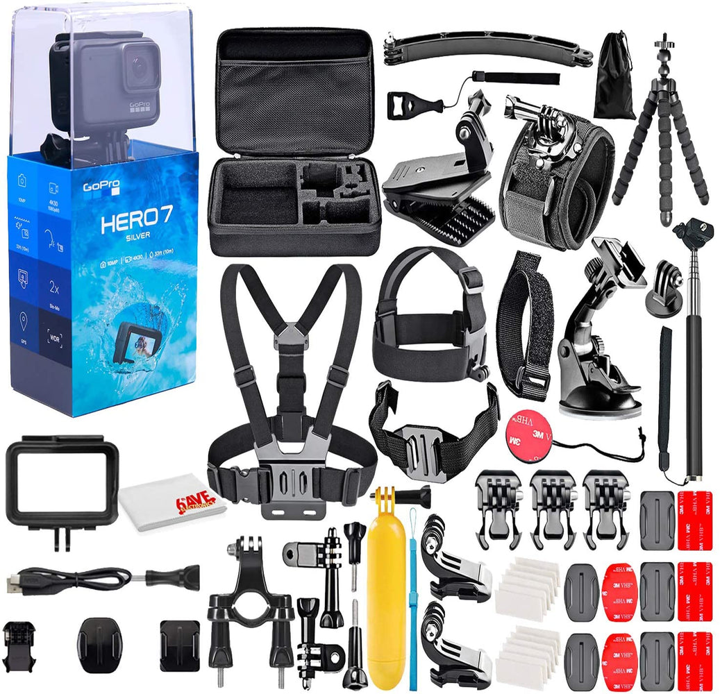 GoPro - HERO7 Silver 4K Waterproof Action Camera - with 50 Piece Accessory Kit - Touch Screen 4K HD Video - 10MP Photos - Live Streaming Stabilization - Silver - Loaded Bundle