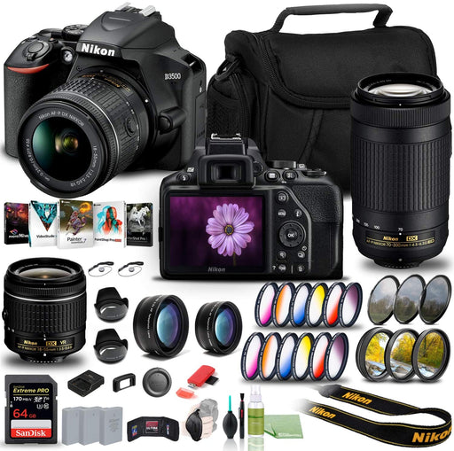 Nikon D3500 DSLR Camera with 18-55mm and 70-300mm Lenses (1588) USA Model + 64GB Extreme Pro Card + 2 x EN-EL14a Battery + Corel Photo Software + Case + 3 Piece Filter Kit + Telephoto Lens + More