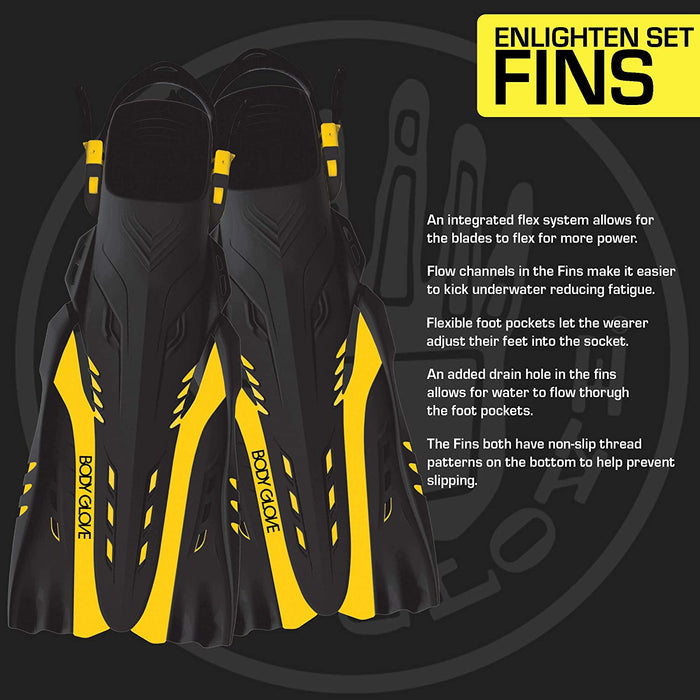 Body Glove Aquatic Enlighten II Mask Snorkel and Fins Set, Large/X-Large, Yellow/Black