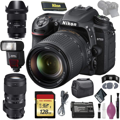 Nikon D7500 DSLR Camera w/ 18-140mm Lens (International Model) - 128GB - Case - EN-EL15 Battery - Sigma EF530 ST - 50-100mm f/1.8 DC HSM Art Lens F - 24-35mm f/2 DG HSM Art Lens F