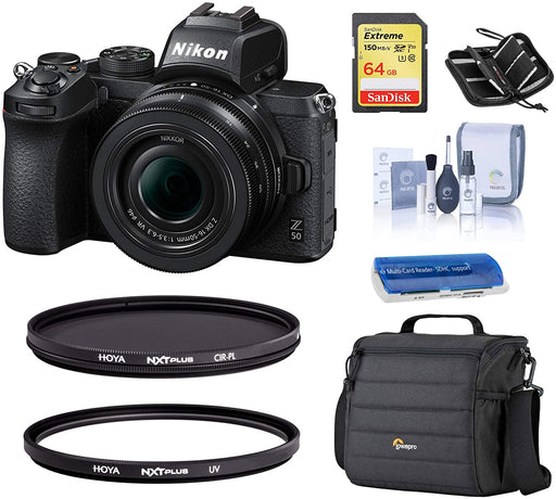 Nikon Z 50 DX-Format Mirrorless Camera Body with NIKKOR 16-50mm f/3.5-6.3 VR Lens, Filter Bundle with Hoya 46mm UV and CPL Filter, Case, 64GB SD Card, and Accessories