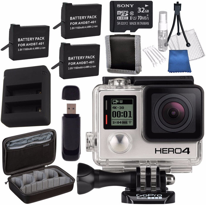 GoPro HERO4 Black + Rechargeable Battery + Dual Battery Charger + Sony 32GB microSDHC Card + Case for GoPro HERO4 and GoPro Accessories + Card Reader + Memory Card Wallet Bundle