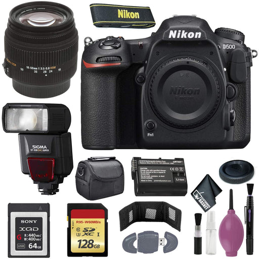Nikon D500 DSLR Camera (Body Only) (International Model) - 128GB - Case - EN-EL15 Battery - Sony 64GB XQD G Series Memory Card - EF530 ST & 18-50 F3.5-5.6