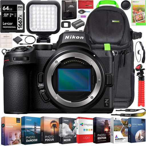 Nikon Z5 Mirrorless Camera Full Frame Body FX-Format 4K UHD Bundle with Deco Gear Photography Backpack + Photo Video LED Lighting + Lexar 64GB High Speed SD Card + Software Kit and Accessories