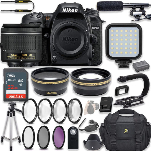 Nikon D7500 20.9 MP DSLR Camera Video Kit with AF-P DX NIKKOR 18-55mm f/3.5-5.6G VR Lens + LED Light + 32GB Memory + Filters + Macros + Deluxe Bag + Professional Accessories