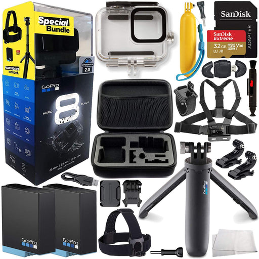 GoPro HERO8 (Hero 8) Action Camera (Black) 2019 Bundle & Additional Accessories - Includes: Extreme 32GB microSD, 2X Rechargeable Battery, Shorty, Head Strap, Underwater Housing, Carrying Case & More