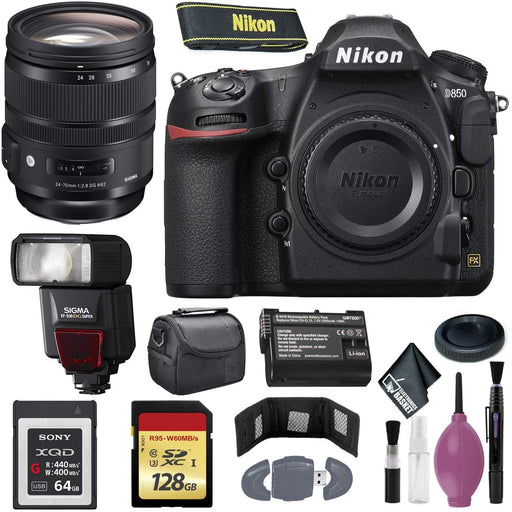 Nikon D850 DSLR Camera (Body Only) (International Model) - 128GB - Case - EN-EL15 Battery - Sony 64GB XQD G Series Memory Card - EF530 ST & 24-70mm f 2.8 DG OS HSM Art Lens EF
