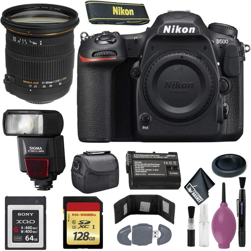 Nikon D500 DSLR Camera (Body Only) (International Model) - 128GB - Case - EN-EL15 Battery - Sony 64GB XQD G Series Memory Card - EF530 ST & 17-50 2.8 EX DC OS HSM