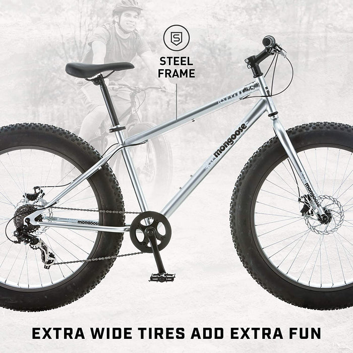 Mongoose Malus Fat Tire Bike with 26-Inch Wheels, with Steel Frame, 7-Speed Shimano Drivetrain, and Mechanical Disc Brakes