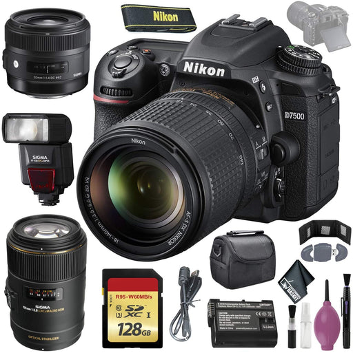 Nikon D7500 DSLR Camera w/ 18-140mm Lens (International Model) - 128GB - Case - EN-EL15 Battery - Sigma EF530 ST - 30mm f/1.4 DC HSM Art Lens - 105mm f/2.8 EX DG OS HSM Macro Lens