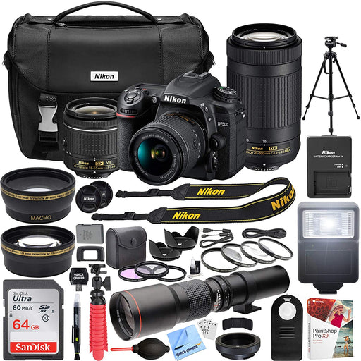 Nikon D7500 4K Ultra HD DSLR Camera with AF-P DX 18-55mm f/3.5-5.6G and 70-300mm f/4.5-6.3G NIKKOR Lens Kit + 500mm Preset f/8 Telephoto Lens + 0.43x Wide Angle, 2.2x Pro Bundle