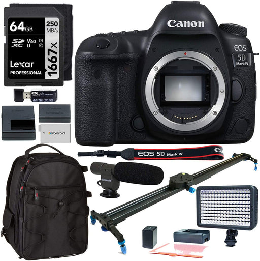 Canon EOS 5D Mark IV Full Frame Digital SLR Camera Body, Canon BG-E20 Grip, Sandisk Extreme 64GB U3 Card, Polaroid LED Video Light, Microphone, 72-inch Monopod