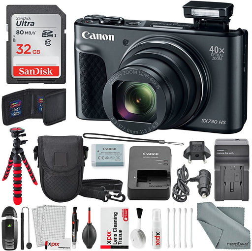 Canon PowerShot SX730 HS Digital Camera (Black) Deluxe Bundle w/ 32 GB+ Xpix Tabletop Tripod,+ Traveling Charger+ Xpix Cleaning Kit