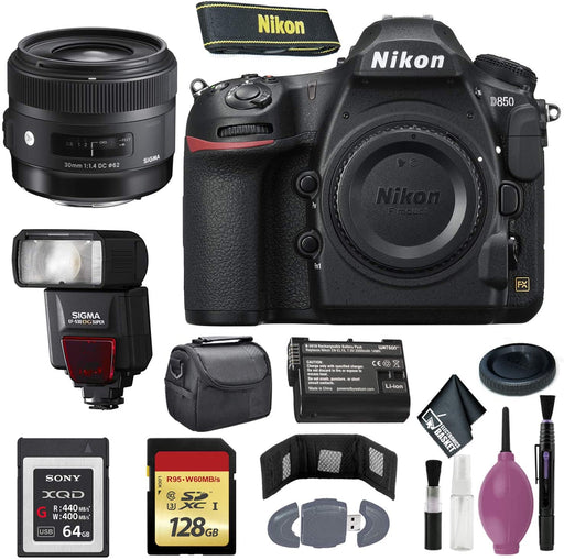 Nikon D850 DSLR Camera (Body Only) (International Model) - 128GB - Case - EN-EL15 Battery - Sony 64GB XQD G Series Memory Card - EF530 ST & 30mm f/1.4 DC HSM Art Lens