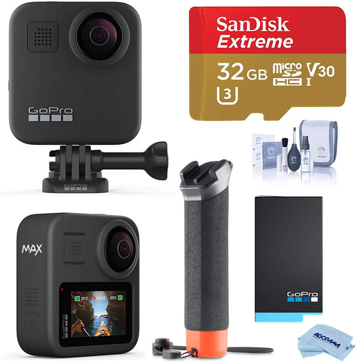GoPro MAX Waterproof 360 Camera with Touch Screen, 5.6K30 UHD Video 16.6MP Photos 1080p Live Streaming Bundle with Hand Grip, Battery, 32GB microSD Card, Cleaning Kit