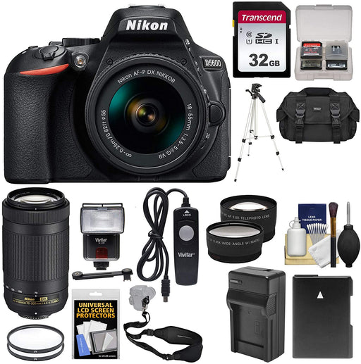 Nikon D5600 Wi-Fi Digital SLR Camera with 18-55mm VR & 70-300mm DX AF-P Lenses + 32GB Card + Case + Flash + Battery & Charger + Tripod + Tele/Wide Lens Kit