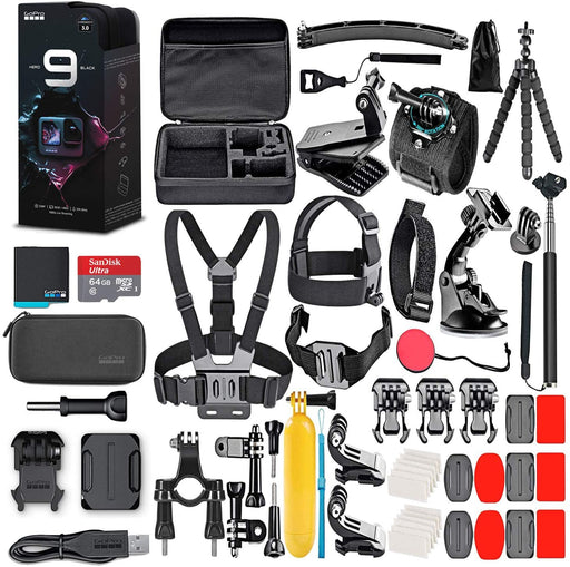 GoPro HERO9 Black - Waterproof Action Camera with Front LCD and Touch Rear Screens, 5K HD Video, 20MP Photos, 1080p Live Streaming, Stabilization + 64GB Card and 50 Piece Accessory Kit - Loaded Bundle