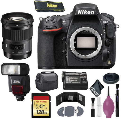 Nikon D810 DSLR Camera (Body Only) (International Model) - 128GB - Case - EN-EL15 Battery - EF530 ST & 50mm f/1.4 DG HSM Art Lens
